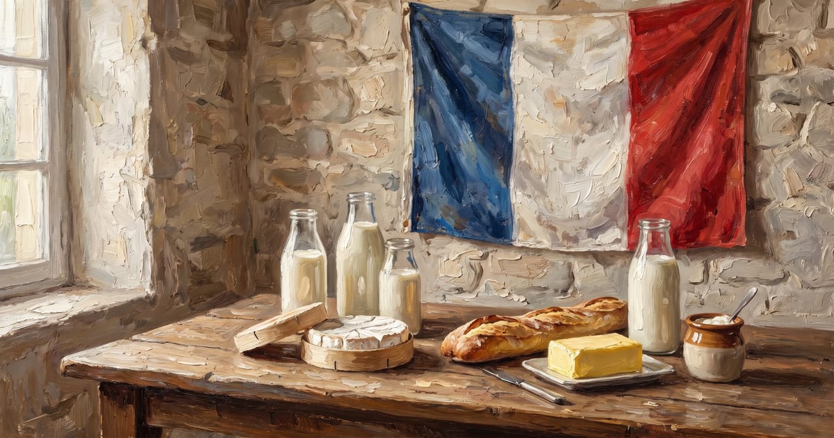 The French raw pantry under the tricolor flag, milk, camembert, butter and baguette