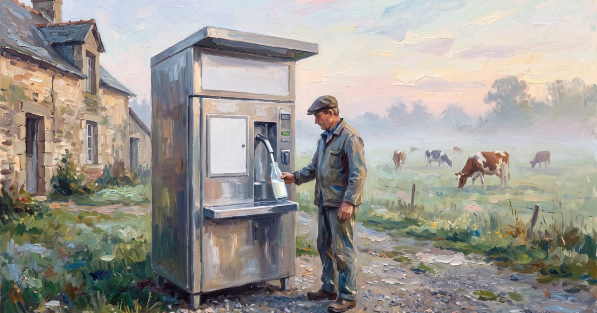 A raw milk vending machine on a Normandy farmyard