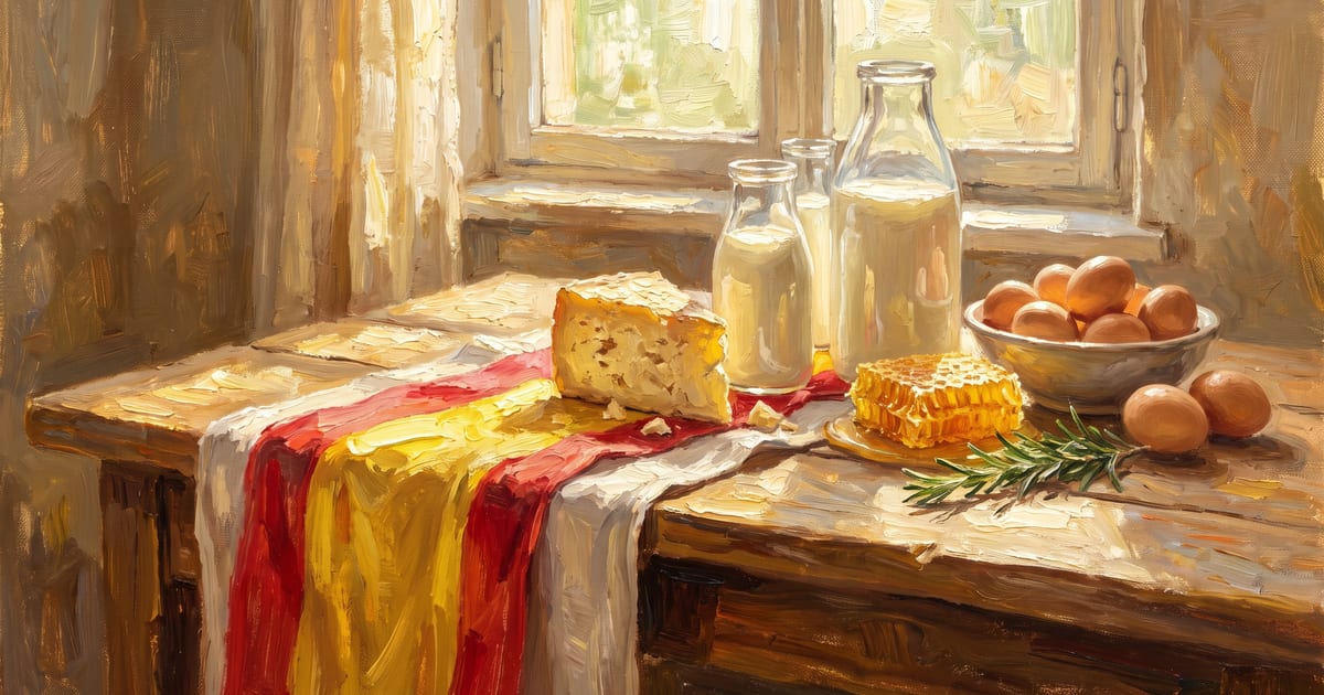 The Spanish raw pantry, raw milk, farm cheese, honey and eggs over the flag of Spain