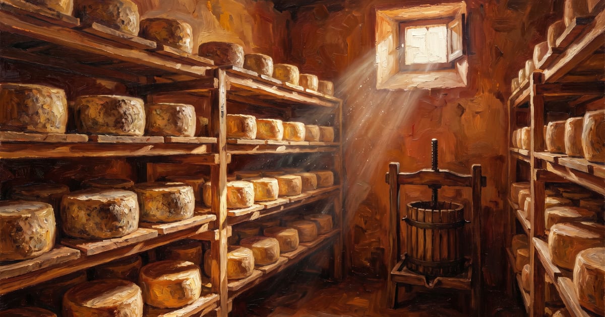 Raw-milk cheeses aging in a traditional Spanish cave